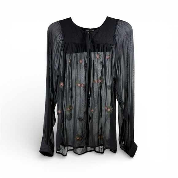 Antik Batik Tops - Antik Batik Sheer Embroidered Long Sleeve Blouse in Black Size S